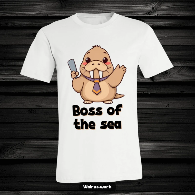 Funny t-shirt graphic of a walrus wearing a tiny, askew tie, making a confident gesture with a flipper.