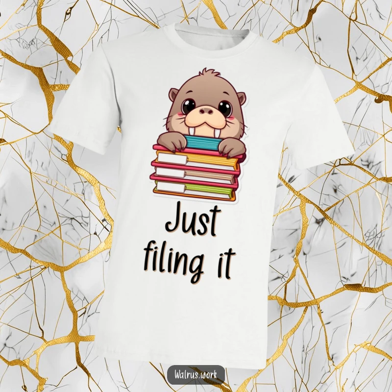 Funny t-shirt with a curious walrus character using big eyes, peeking from behind a pile of colorful file folders.