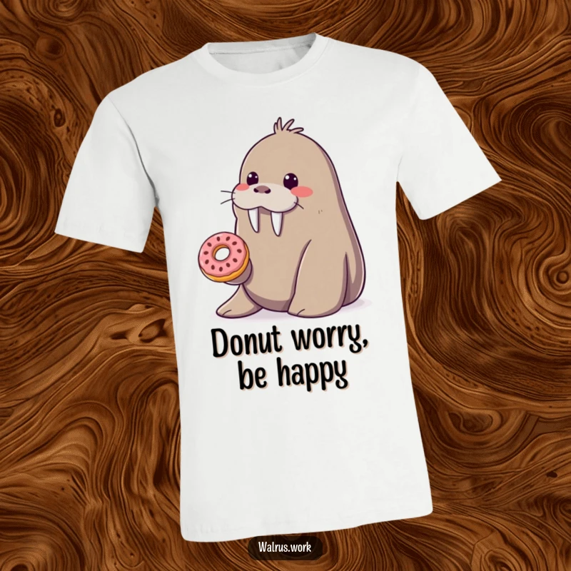 Funny smiling walrus t-shirt offering a tiny donut from its flipper, a cute and funny gift tee.