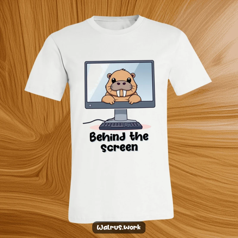 Funny t-shirt featuring a walrus peeking over a large computer monitor, representing a humorous take on tech support or online activity.