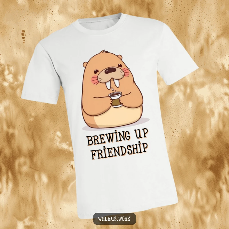 Funny t-shirt showcasing a friendly walrus offering a tiny cup of coffee with a nod, representing workplace camaraderie and good humor.