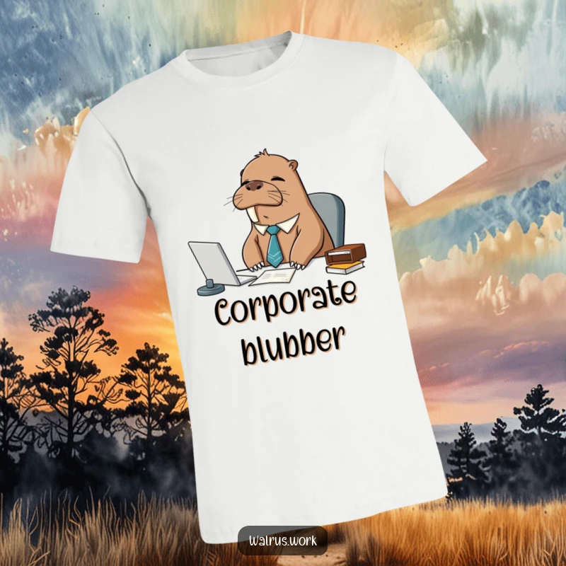 Funny sleepy walrus in a tie, slumped over a desk, conveying office exhaustion with a humorous, relatable vibe.