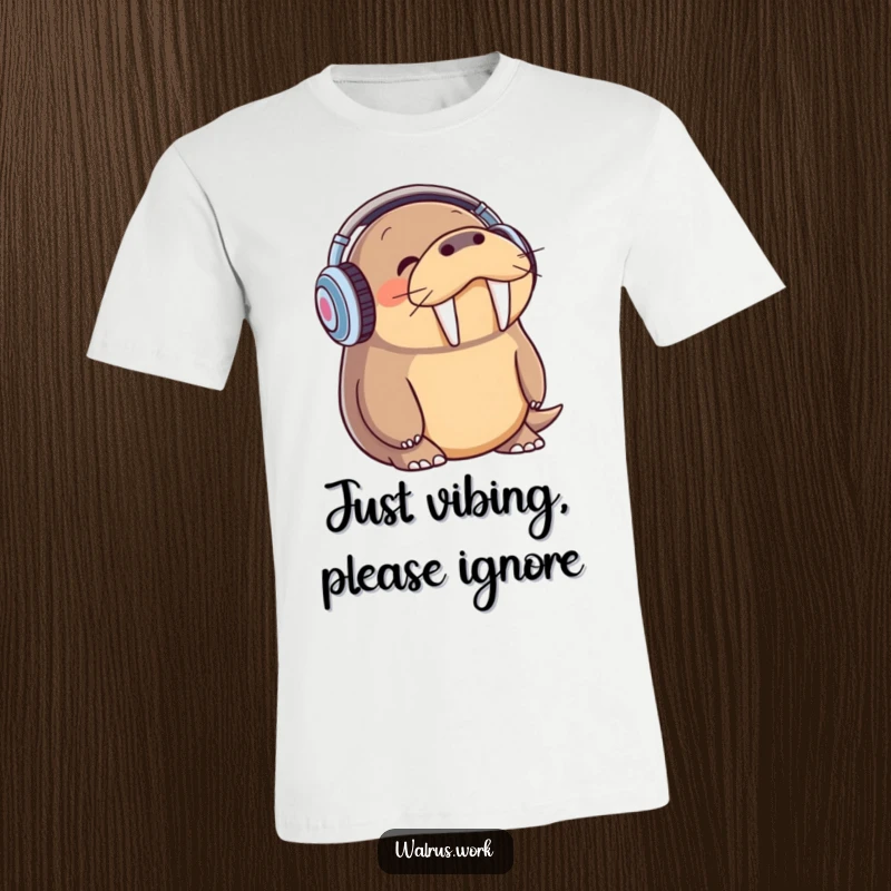 Funny walrus rocking headphones and bopping its head, depicted on a hip t-shirt, conveying joy.