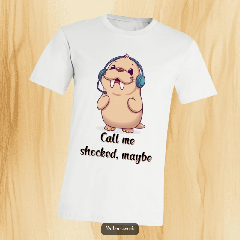 Funny t-shirt with a walrus in a headset, eyes wide with shock from a sudden phone call, great for remote workers.