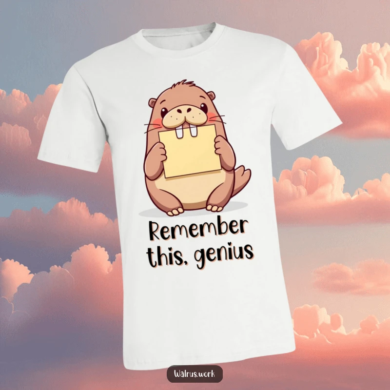 Funny walrus idea t-shirt, a walrus proudly presenting a bright sticky note, symbolizing creativity and communication.