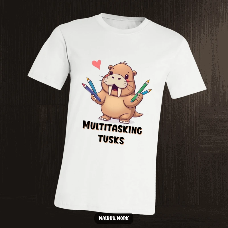 Funny t-shirt showcasing a happy walrus skillfully juggling a rainbow of pens, embodying cheerful productivity and office fun.
