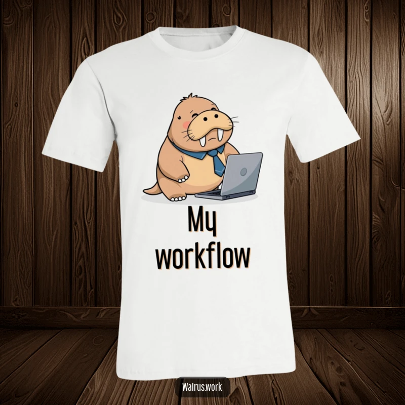 Funny t-shirt featuring a flustered walrus wearing a tiny business tie, tripping over a laptop, depicting a comical work-related accident.