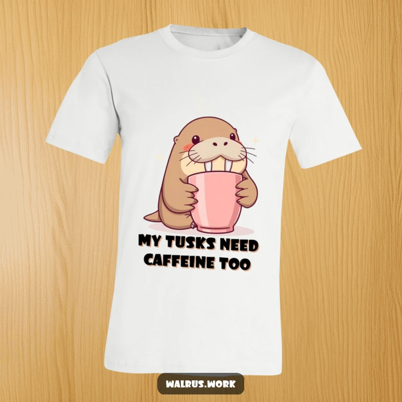 Funny t-shirt with a walrus intently sniffing the steam from a coffee mug, a humorous office attire choice.