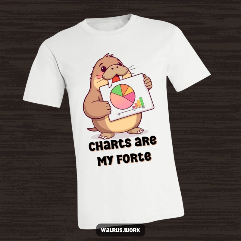 Funny walrus t-shirt showing a confident walrus presenting a pie chart, perfect for business-themed humor.