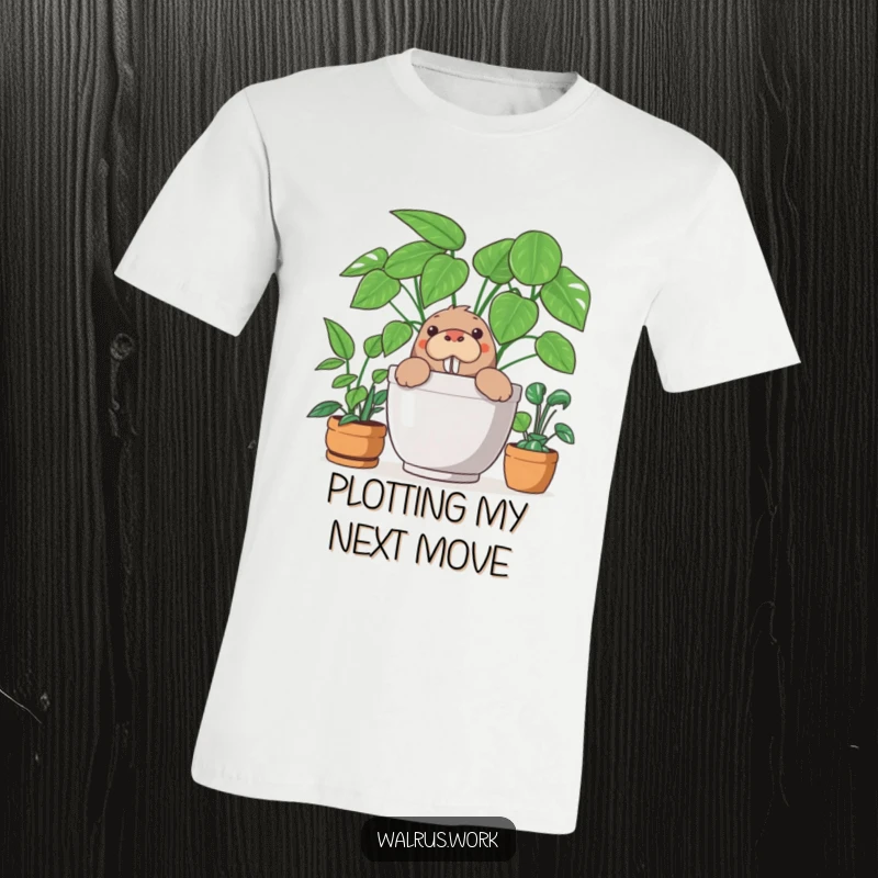Funny t-shirt featuring a curious walrus peeking mischievously from behind a large potted office plant, ready for some playful fun.