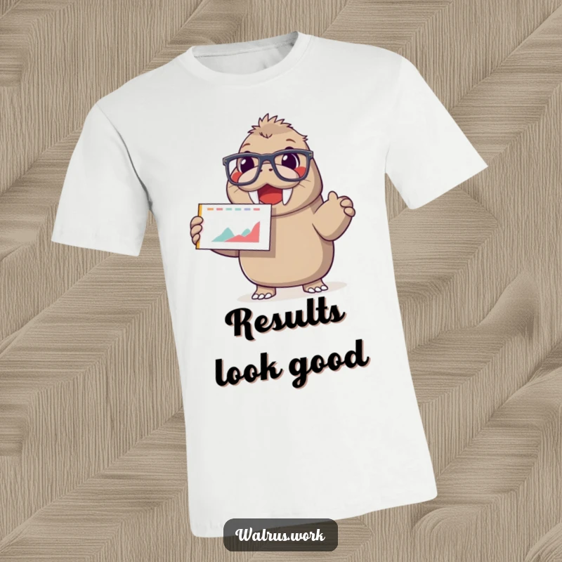 Funny t-shirt featuring a happy walrus in oversized glasses, enthusiastically presenting a chart displaying a smiling face.