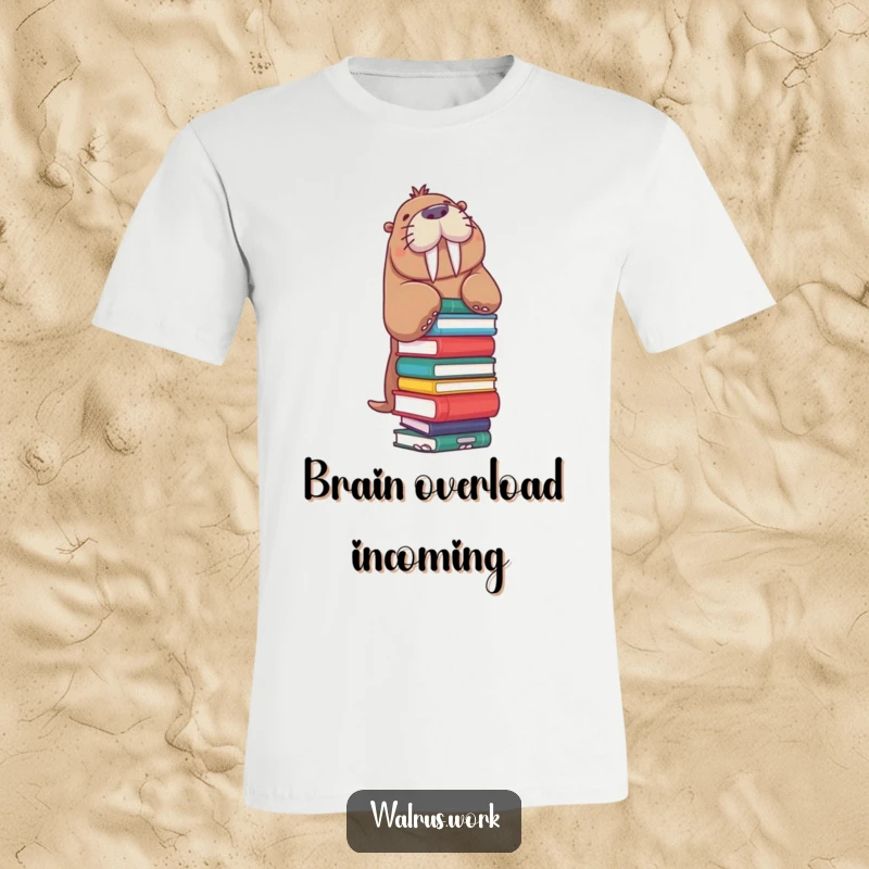 Funny Walrus T-Shirt: A walrus wobbles while balancing a huge stack of books, showcasing the humorous side of intellectual pursuits.