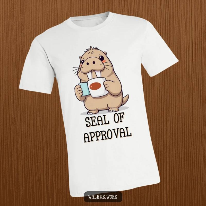 Funny Walrus T-Shirt: A cheerful walrus beaming with joy, presenting a steaming coffee mug with excitement.