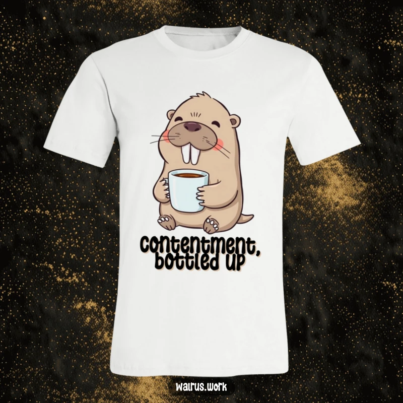 Funny t-shirt showcasing a walrus with a blissful smile, sipping coffee, embodying ultimate relaxation and morning delight.