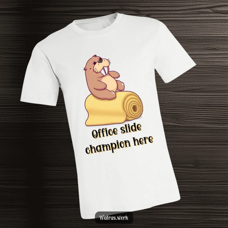 Funny walrus sliding down a makeshift bannister of rolled office carpet, depicted on a t-shirt.