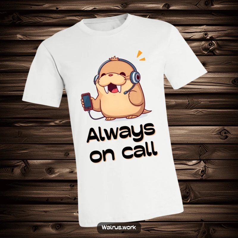 Funny t-shirt with a cheerful walrus wearing a headset, enthusiastically talking on a tiny phone, looking ready to take your call.