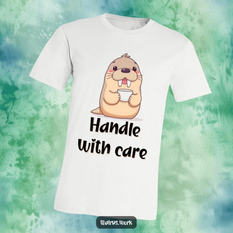 Funny t-shirt with a playful walrus balancing a delicate teacup on its snout, exuding whimsical grace and humor.