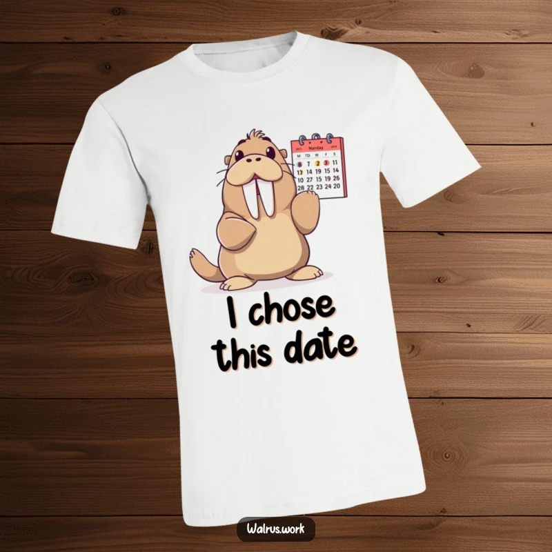 Funny Walrus T-Shirt: A walrus dramatically and gleefully points to a calendar date, celebrating upcoming events on this shirt.