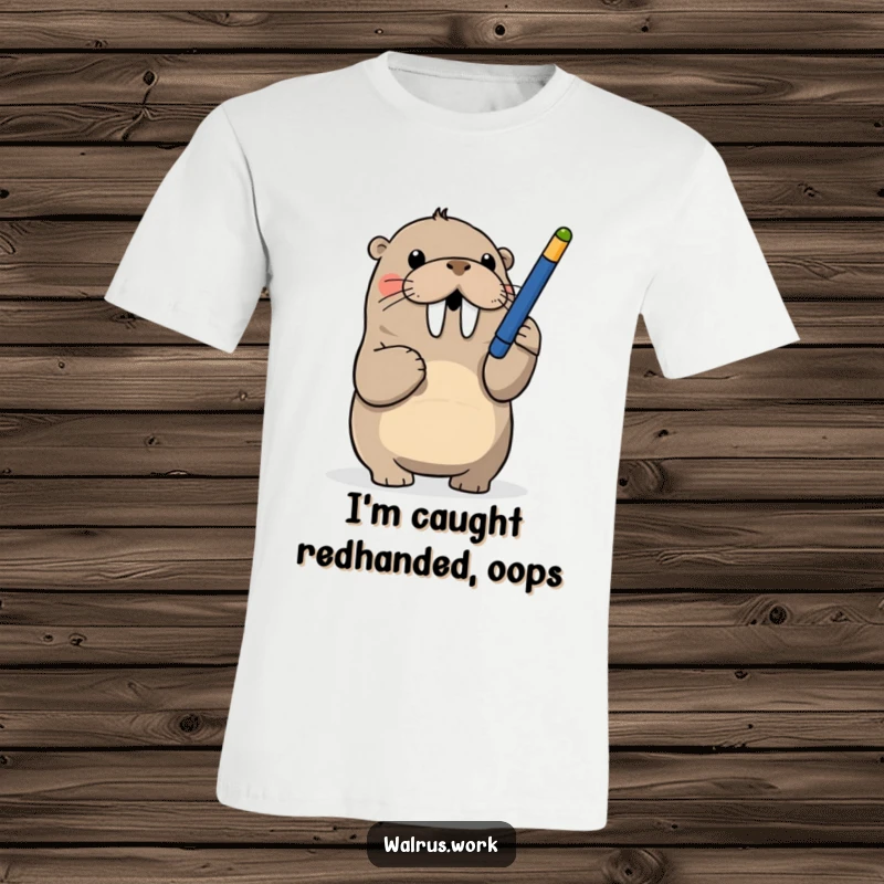 Funny t-shirt featuring a walrus playfully batting at a dangling pen, a humorous take on office distractions.
