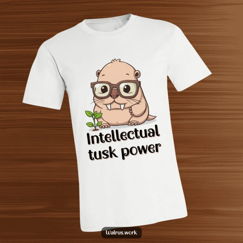 Funny walrus t-shirt, wearing oversized glasses and examining a tiny sprout, showcasing intense concentration and academic curiosity.