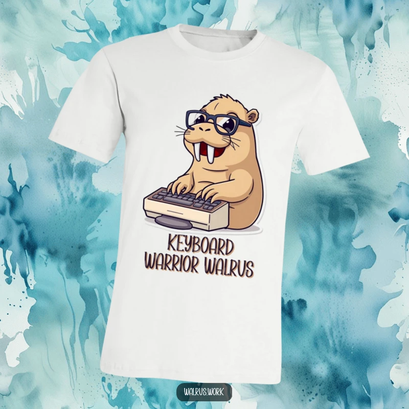 Funny typing walrus t-shirt with a walrus in glasses typing energetically on a keyboard, symbolizing focus and humor.