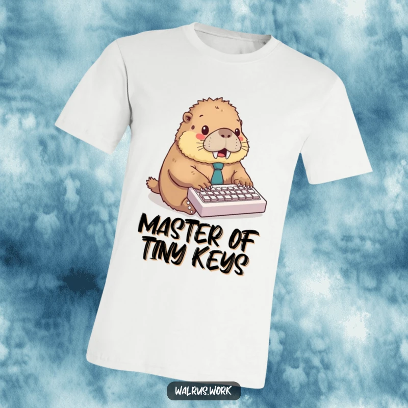 Funny t-shirt with a fluffy walrus in a tie, enthusiastically typing on a miniature keyboard, symbolizing productivity.