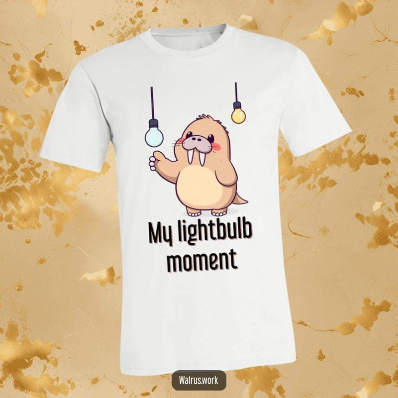 Funny T-Shirt featuring a cute Kawaii walrus excitedly pointing at a lit lightbulb, representing creativity and inspiration.