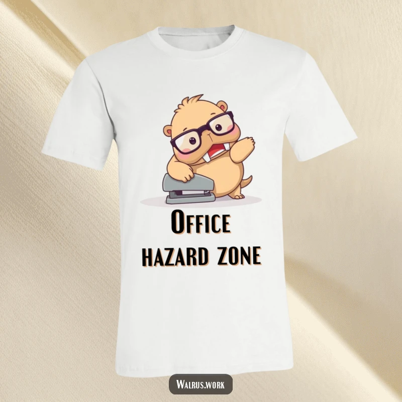 Funny Walrus Stapler Trip T-Shirt: Spectacled walrus character hilariously tripping over a stapler, perfect for expressing relatable office struggles.