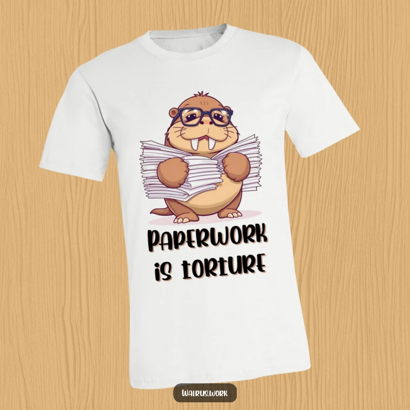 Funny t-shirt graphic of a walrus wearing reading glasses, comically struggling with a massive stack of papers.