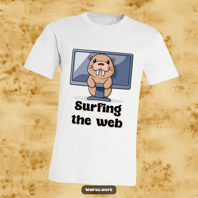 Funny tech walrus t-shirt showing a walrus peeking from behind a large computer monitor, hinting at online activity.