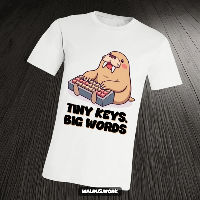 Funny typing walrus t-shirt, a walrus joyfully typing on a miniature keyboard, celebrating digital expression with enthusiasm.