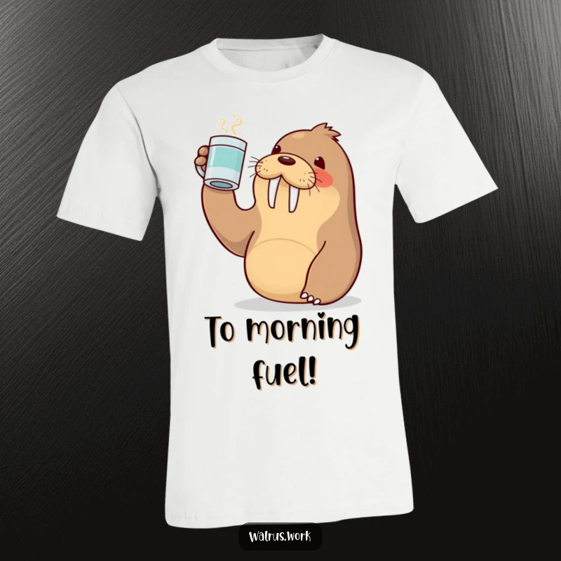 Funny T-Shirt featuring a cute Kawaii walrus joyfully raising a coffee mug in a toast, celebrating coffee and good times.