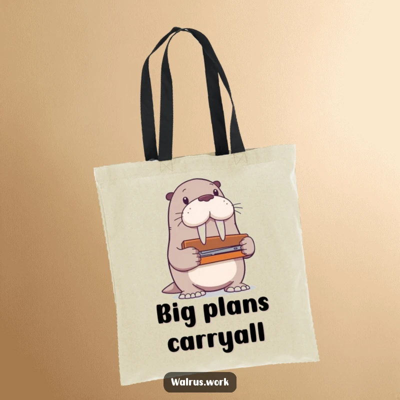Funny walrus tote bag illustrating a walrus character hilariously trying to use a stapler that is much too big for its flippers.