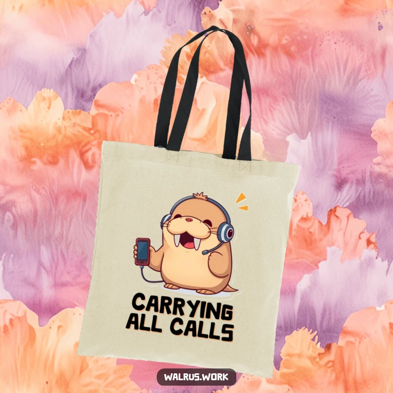 Funny tote bag with a cheerful walrus wearing a headset and talking on a tiny phone, ideal for humorous and practical carrying.