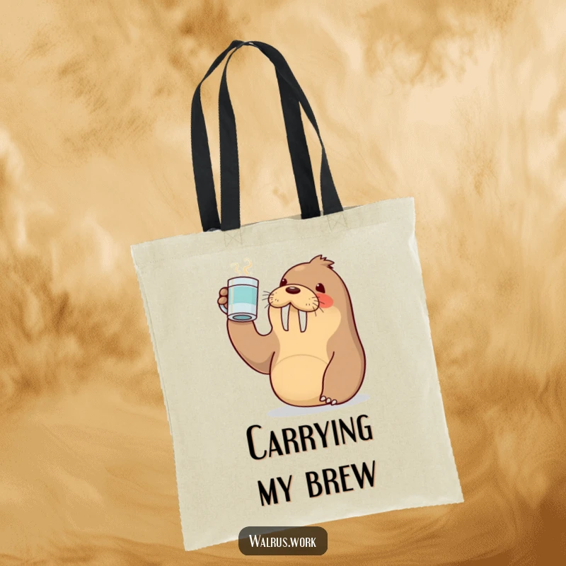Funny tote bag with a cute Kawaii walrus raising a coffee mug in a toast, ideal for carrying daily essentials.