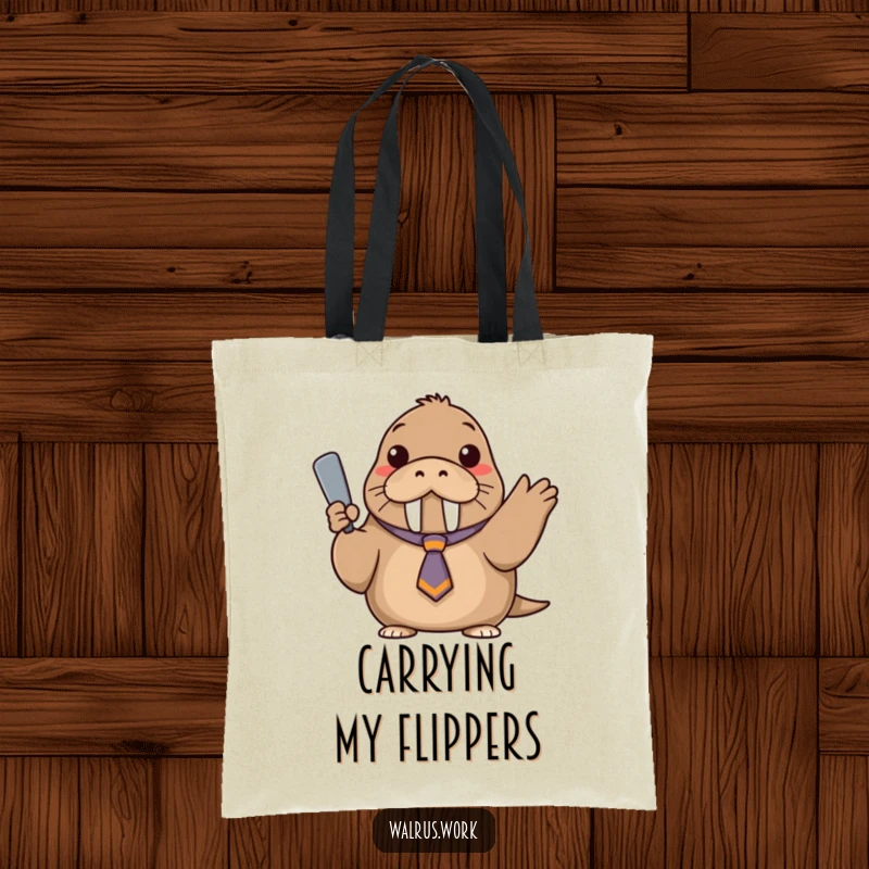 Funny tote bag featuring a walrus in a tiny, askew tie, confidently gesturing with a flipper.