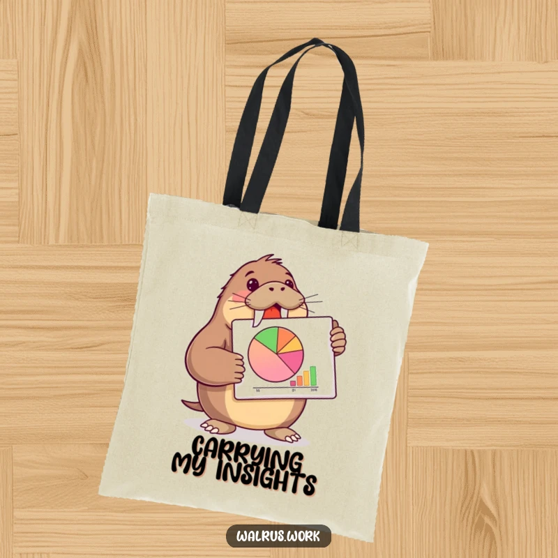 Funny walrus tote bag with a walrus presenting a pie chart, great for shopping and daily use.