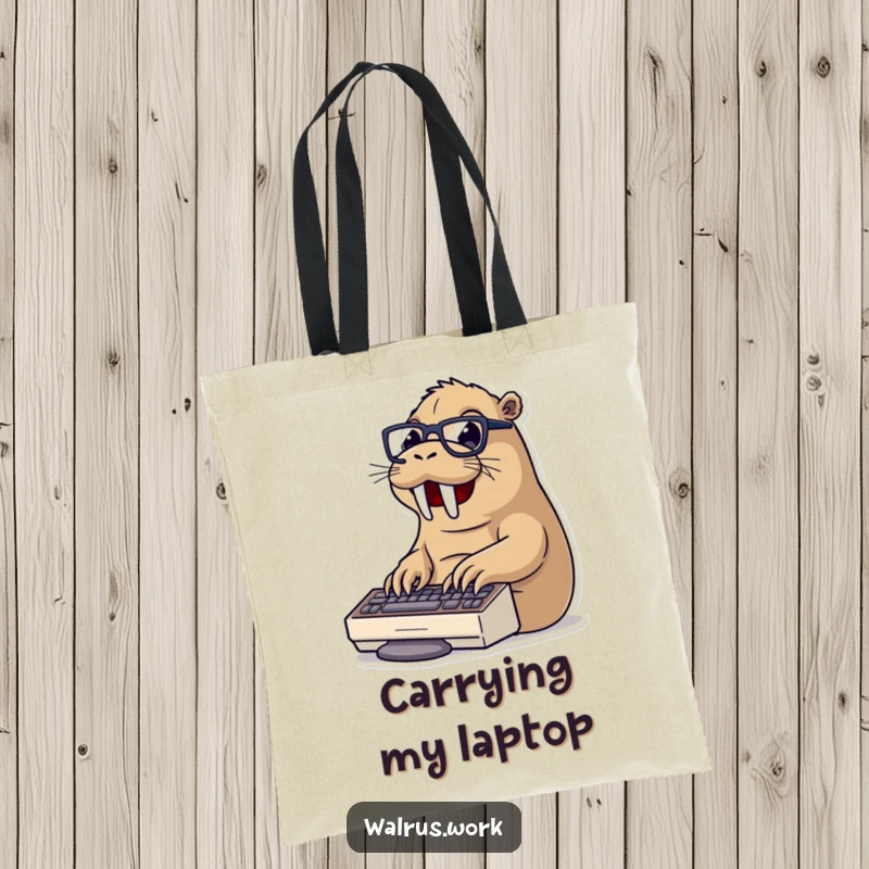 Funny typing walrus tote bag with a walrus wearing glasses typing on a keyboard, ideal for carrying work documents and tech.