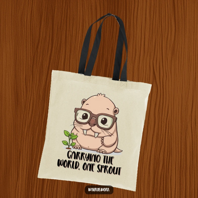 Funny walrus tote bag, a smart animal in big glasses, intently studying a tiny sprout, ideal for carrying books and groceries.