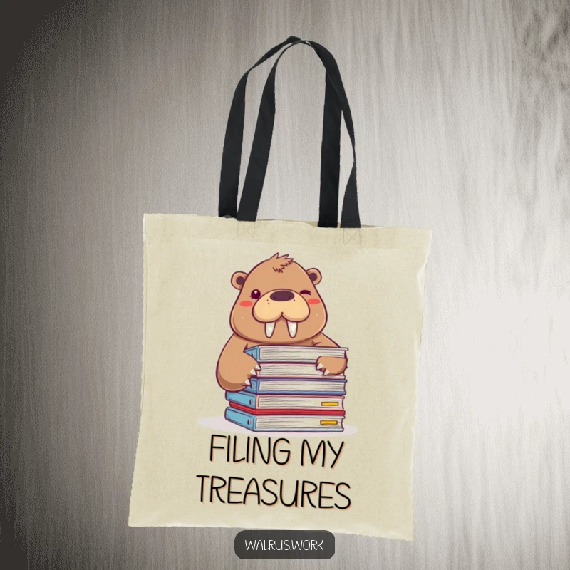 Funny tote bag with a walrus peeking from behind documents and winking, ideal for carrying items with humor.