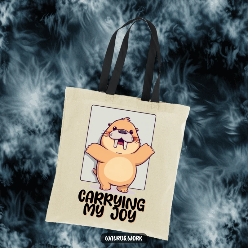 Funny happy dance walrus tote bag depicting a cheerful walrus dancing behind an office cubicle, a practical funny gift.