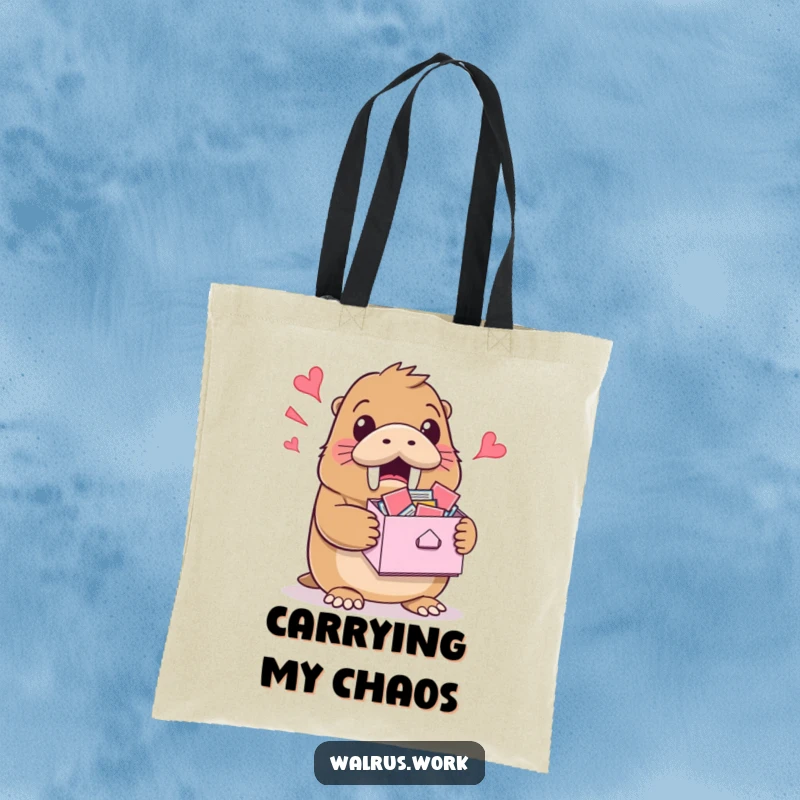 Funny tote bag with a walrus holding an overflowing inbox, depicting the struggle with a humorous expression.