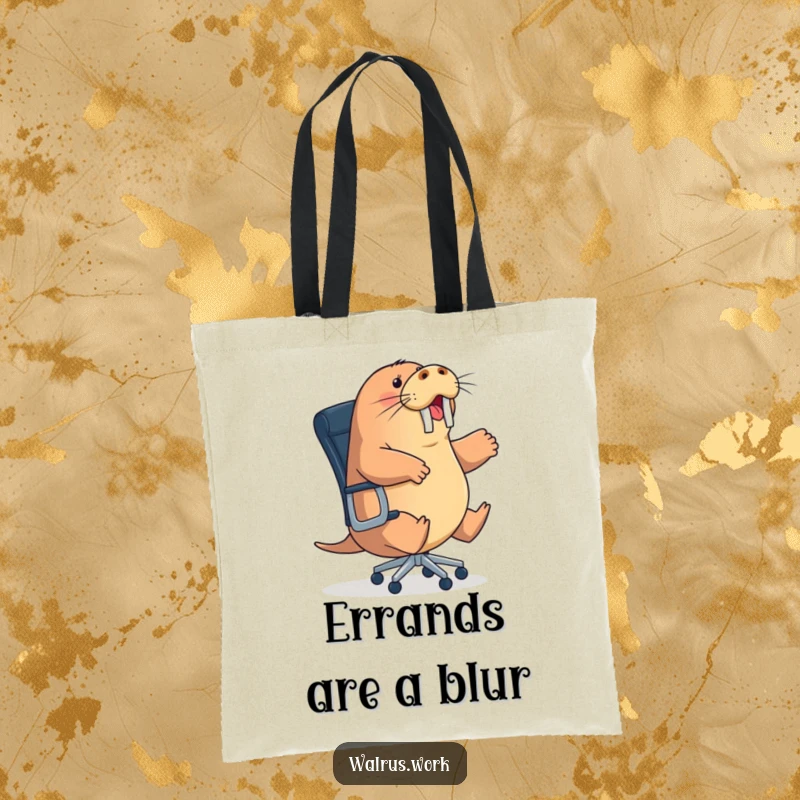 Funny energetic walrus tote bag depicting a sea mammal riding a rolling office chair, a practical funny gift.