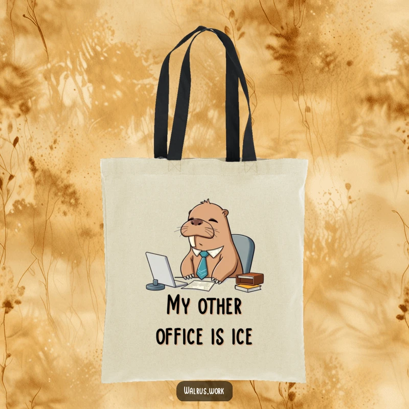 Funny sleepy walrus in a tie, on a tote bag, looking tired at a desk, ideal for shoppers seeking humor.