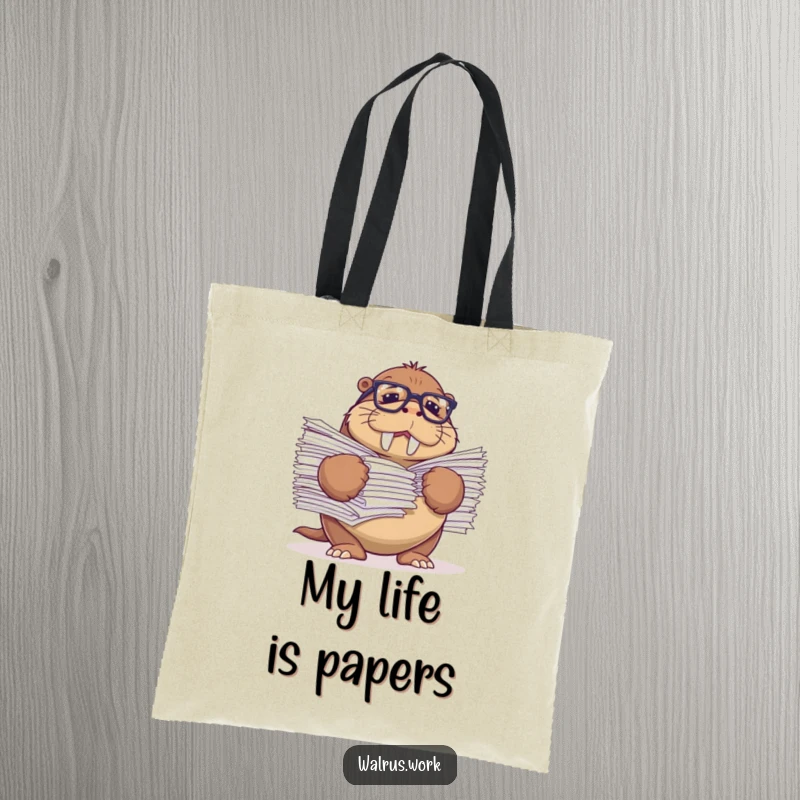 Funny tote bag featuring a walrus wearing reading glasses, comically struggling with a huge stack of papers.