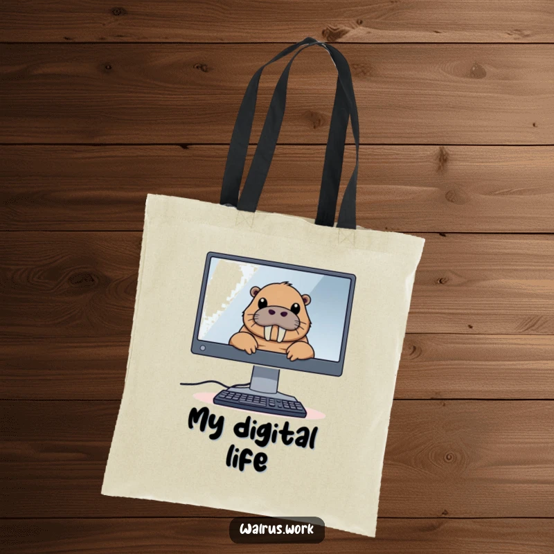 Funny tote bag with a walrus peeking over a large computer monitor, great for carrying tech accessories and adding a humorous touch.