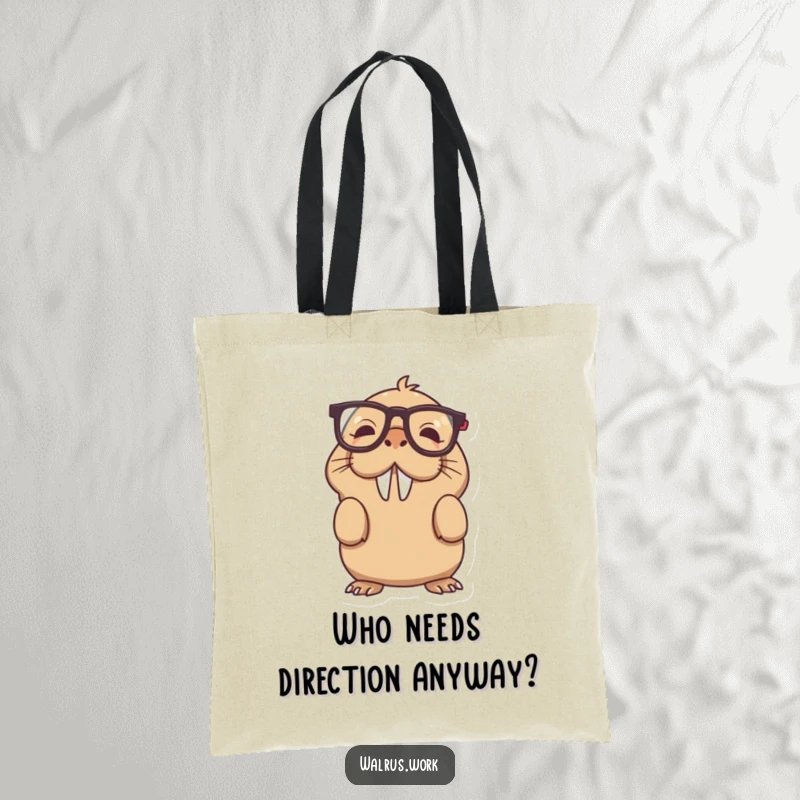 Funny upside down glasses walrus tote bag showing a clueless walrus in spectacles, a practical funny gift.