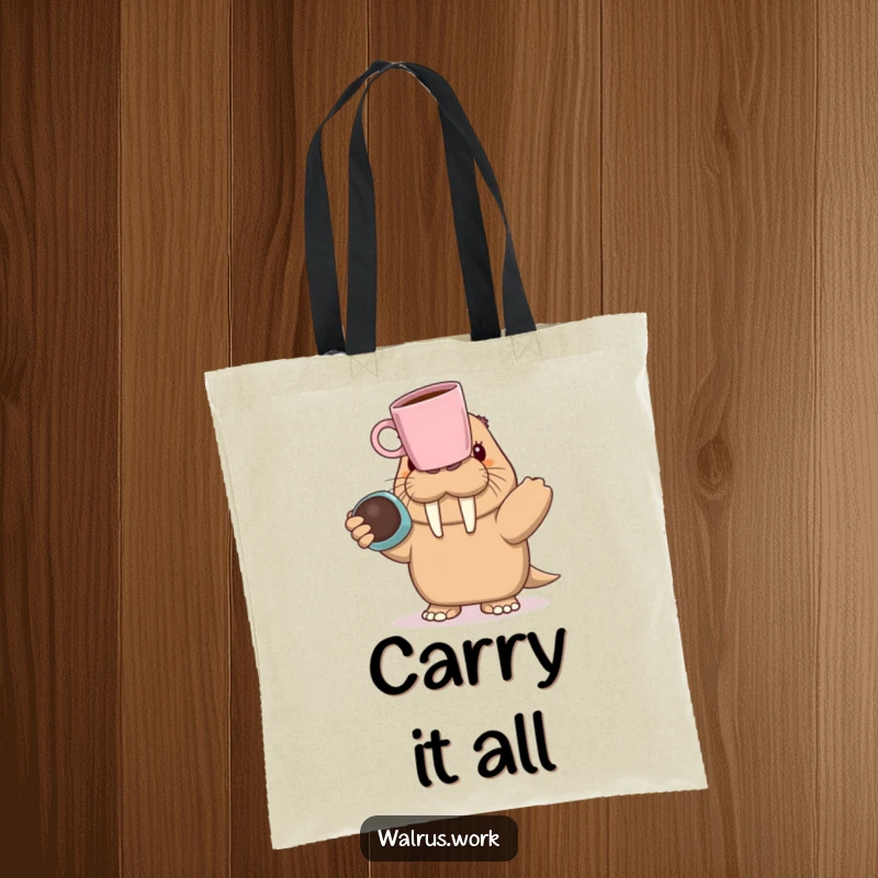 Funny walrus character balancing a coffee mug on its nose, depicted on a durable and humorous tote bag.