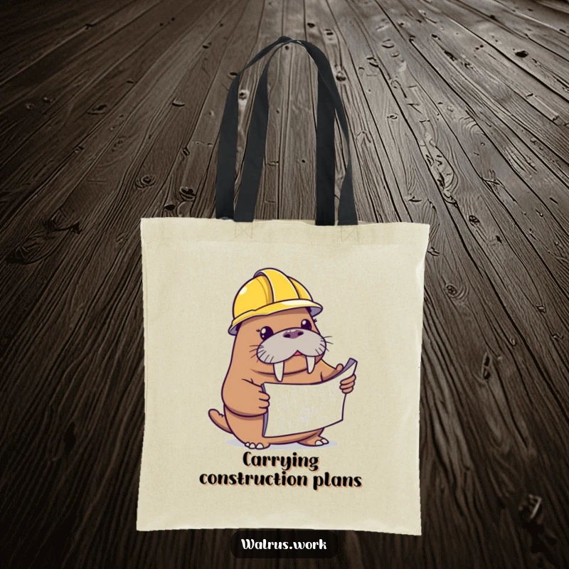 Funny walrus tote bag with a walrus in a hard hat studying blueprints, practical and amusing.