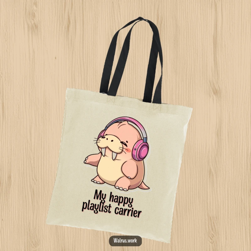 Funny walrus wearing headphones, eyes closed, bopping head to music on a durable tote bag, essential music accessory.